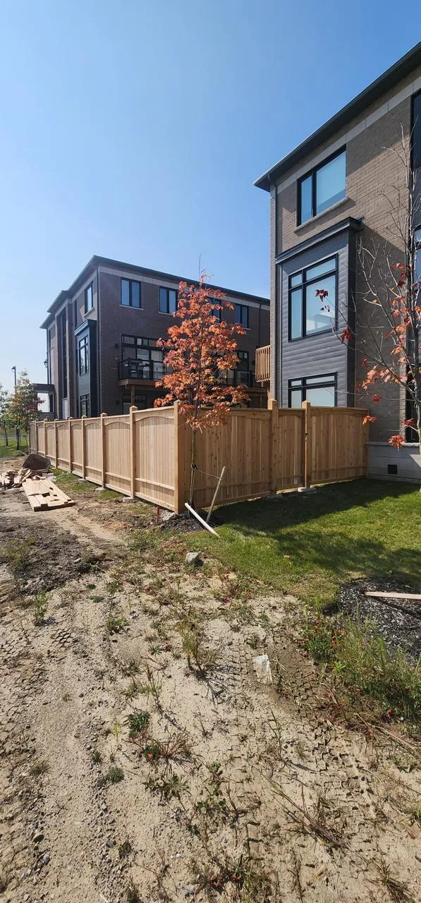 Cedar privacy fence behind new townhomes in autumn